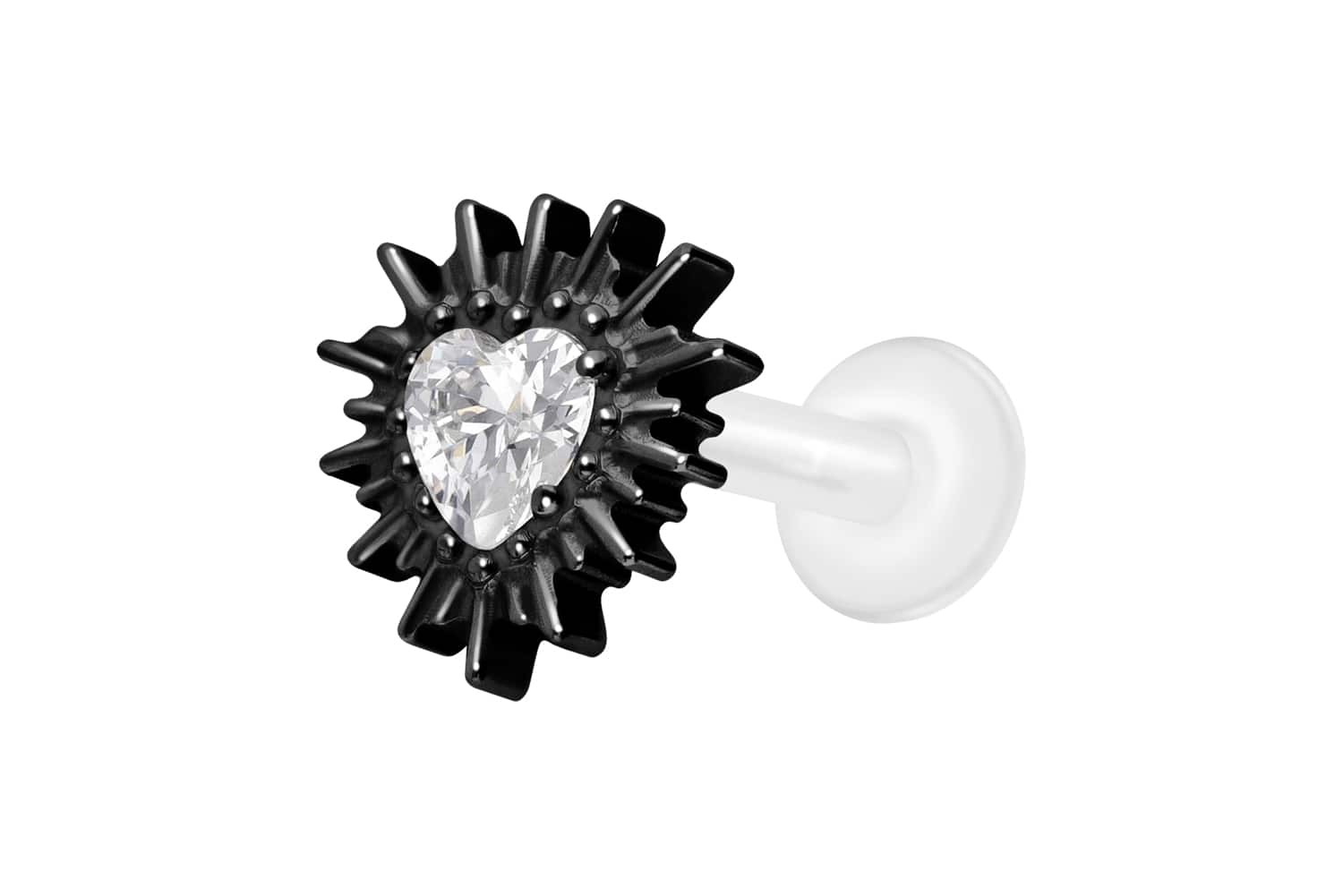 PTFE Labret Piercing mit Innengewinde + Titan-Aufsatz KRISTALLHERZ + SONNENSTRAHLEN